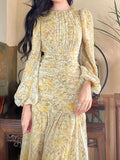 Nukty Floral Print Lace Midi Dresses for Women Clothing Elegant Long Sleeve Folds Party Prom Female Beach Bodycon Dress Summer