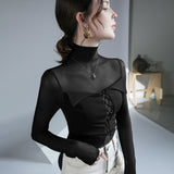 Nukty Fashion Mesh T Shirt Girls Lace-up Turtleneck Patchwork High Stretch Autumn Tee Shirts Women Trend Top