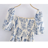 Nukty New Summer Women Vintage Fruit Floral Print Square Neck Puff Sleeves Elastic Sexy Side Slit Long  Midi Dress