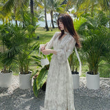 Nukty Summer Basic Long Dress Long Sleeve V-Neck Floral Printed Retro Vintage A-Line Women Dresses Chic Korea Fashion Vestidos
