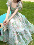 Nukty Vintage Floral Evening Midi Maxi Dresses for Women Elegant Casual Party Prom Green Holiday Princess Fairy Long Dress Summer