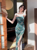Nukty Women Slash Neck Sexy Strapless Retro Green Printing Elegant Temperament Fitting Suspender Slit Bodycon Long Midi Dress Summer