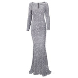 Nukty Long Sleeve Padded Sequin Maxi Dress Floor Length Sparkles Stretch V Neck Mermaid Formal Evening Night Party Gown Grey Black Red