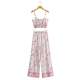 Boho Vintage Pattern Print Women 2 Piece Set Spring Midriff Baring Wide Leg Pant Retro Chic Beach Vacation Women Set