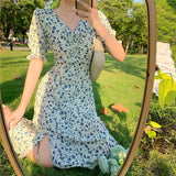 Nukty Harajuku Floral Dress for Women Party French Vintage Retro Office Lady Casual Club Mini Sexy Dresses Summer New Clothes