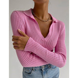 Fashion Lapel White Thin Sweater Women Autumn Sexy V-neck Slim Pink Knitted Pullovers Casual High Street Bottoming Shirt
