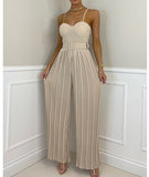 Nukty Summer Casual Suspenders Long Jumpsuit Women Sexy Fashion Solid Sleeveless Sashes Pleated Wide Leg Jumpsuit Orange Female