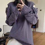 Nukty Spring And Autumn Women's Casual Striped Sweatshirt Round Neck Long-sleeved Off-the-shoulder Loose Sweater