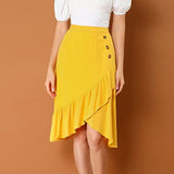 Solid Midi Skirts Women Summer Ruffle High Waist Button Skirt Ladies Office Lady Elegant Streetwear Slim Bottoms Saias