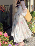 Nukty Print Midi Dresses for Women Fairycore Square Collar Long Sleeve Vintage Dress New Fashion Elegant Party Dresses