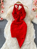 Nukty Summer Women Dress Sexy Lace-up Halter Sleeveless Sequins Party Dress High Waist Drawstring Ruched Irregular Backless Club Dress
