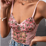 Nukty Women Sexy Pink Tank Top Flower Embroidery V-neck Summer Slim Camisole Female Tie-Up Crop Tank Tops Vest Spaghetti Straps Camis