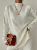 Fashion Half-high Collar Green Sweater Suit for Women Autumn Winter Casual Long-sleeved Loose White Knitted 2 Piece Set