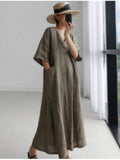 Nukty New Summer Short Sleeve Cotton Linen Ladies Dress Loose Oversized Casual Skirt A-Line Large Pocket Fashion Long Skirt
