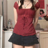 Nukty y2k Aesthetic Lace Tops Fairy Grunge Women Short Sleeve Drawstring Tshirt Off Shoulder Clothes Korean Fashion T Shirt Streetwear