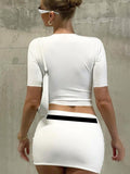 Fashion O Neck Short Sleeve White Crop Top + Bodycon Mini Skirt Hot Girls Suit Casual Solid Color Print Club Streetwear