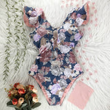 New Sexy Ruffle Print Floral One Piece Swimsuit Off The Shoulder Swimwear Women Solid Deep-V Beachwear Bathing Suit Monkini