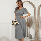 New Lace Short Sleeve Knitting Dress For Women Casual Solid O Neck Button Ladies Spring Summer Medium Long Elegant Dress