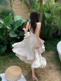 Nukty Summer New Women's Suspender Dress Satin Long Small Dress Summer Mermaid Tail Big Swing Lotus Leaf Holiday Dress Fairy