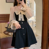 Nukty Vintage Elegant Mini Party Dress for Women Casual Lace Long Sleeve Dresses Bow Sexy One Piece Dress Korean Black Autumn New