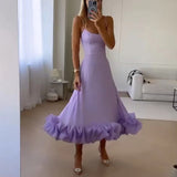 Nukty Women Off Shoulder Sling Prom Dress Sexy Sleeveless Rose Pleated Patchwork Long Dress Elegant Backless Slim Solid Party Dresses