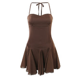 Nukty Spring Summer New Sexy Slim Fashion Women Halter Neck Tie Backless Pleated Short Strap Mini Dress Female