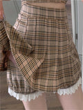 Nukty Plaid Suit Women Camisole + Short Skirt Two-piece Sets Summer New Temperament Vintage Lace Patchwork Sleeveless Suit Trend