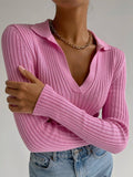 Fashion Lapel White Thin Sweater Women Autumn Sexy V-neck Slim Pink Knitted Pullovers Casual High Street Bottoming Shirt
