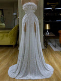 Nukty Luxury White Prom Dresses Sexy Withtout Sleeves  Strapless High Split Formal Evening Dresses Gowns  Robe De Soir¨¦e