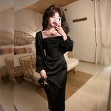Nukty Autumn Solid Elegant Fairy Dresses Women Casual Party Fashion Korean One Piece Dress Female Lace Vintage Chic Midi Dresses