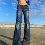 Nukty Y2K Aesthetics Retro Buttons Full Length Blue Denim Pants Women Slim Streetwear 2000s Cute Pockets Trim Low Rise Jeans