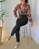 Nukty Elegant Two Piece Sets Womens Outifits Vintage Officee Lady Baroque Print Button Long Sleeve Top & Work Pants Set With Belt
