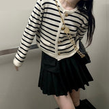 Nukty Korean Striped Cardigans For Woman Autumn Winter Fashion Long Sleeve Button Sweater Coats Vintage Female Casual Crop Knit Tops