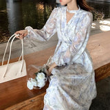Nukty Summer Basic Long Dress Long Sleeve V-Neck Floral Printed Retro Vintage A-Line Women Dresses Chic Korea Fashion Vestidos