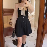 Nukty Vintage Elegant Mini Party Dress for Women Casual Lace Long Sleeve Dresses Bow Sexy One Piece Dress Korean Black Autumn New