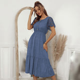 New Lace Short Sleeve Knitting Dress For Women Casual Solid O Neck Button Ladies Spring Summer Medium Long Elegant Dress