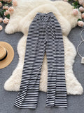 Nukty White and Black Striped Long Pants Women  New Retro Style Lace-up Elastic Waist Hole Wide Leg Casual Full Length Trousers