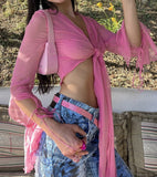 Nukty Solid Mesh Long Sleeves Drawstring Bandage Sexy Crop Top Tees Slim Streetwear Summer Beach Party Club Cute Y2K