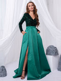 Nukty Long Sleeve V Neck Stretch Sparkle Sequin Floor Length Party Dress Slit Patchwork Ball Gown with Porckets