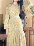 Nukty Floral Print Lace Midi Dresses for Women Clothing Elegant Long Sleeve Folds Party Prom Female Beach Bodycon Dress Summer