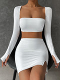 Nukty 2 PCS Sexy White Mini Dress Set Long Sleeve Top Summer Skirts Suits Bodycon Women Party Short Split Dress Suit