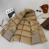 Autumn Winter Down Vest Hooded Waistcoat Khaki Down Sleeveless Jacket Warm Streetwear Pockets Oversize Puffer Coat Outwear