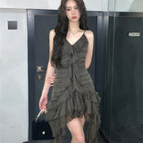 Nukty Y2K Mini Dress Summer Gothic Strap Ruffles Fairy Dress Women Sleeveless Irreular V-neck Cake Dress Emo Alt Vintage Goth