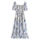 Nukty New Summer Women Vintage Fruit Floral Print Square Neck Puff Sleeves Elastic Sexy Side Slit Long  Midi Dress
