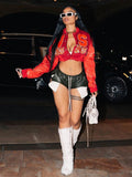 Nukty Women Crop Jacket Red PU Leather Patchwork Letter Short Baseball Coat Autumn High Street Hot Y2K Casual Jackets Tops