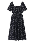 Nukty Vintage Black Square Collar Bandage Puff Sleeve Print Chiffon Midi Maxi Dresses for Women Party Dress Korea Clothing Summer