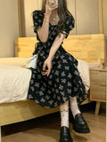 Nukty Vintage Black Square Collar Bandage Puff Sleeve Print Chiffon Midi Maxi Dresses for Women Party Dress Korea Clothing Summer