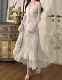 Nukty French Style Floral Dress for Women V Neck Long Sleeve Mini Dress Elegant Chic Sweet Asymmetrical Midi Sexy Dress