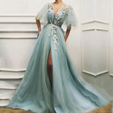 Nukty Light Green Fairy Prom Dress Appliques 3D Flowers Short Sleeves Tulle Evening Gown Side Split Celebrity Party Dress