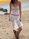 Nukty Women y2k Skirt Sets Suit 2Pcs Suit Lace Flower See Through Sleeveless Camisole + Wrapped Midi Skirt Summer Beach Outfits